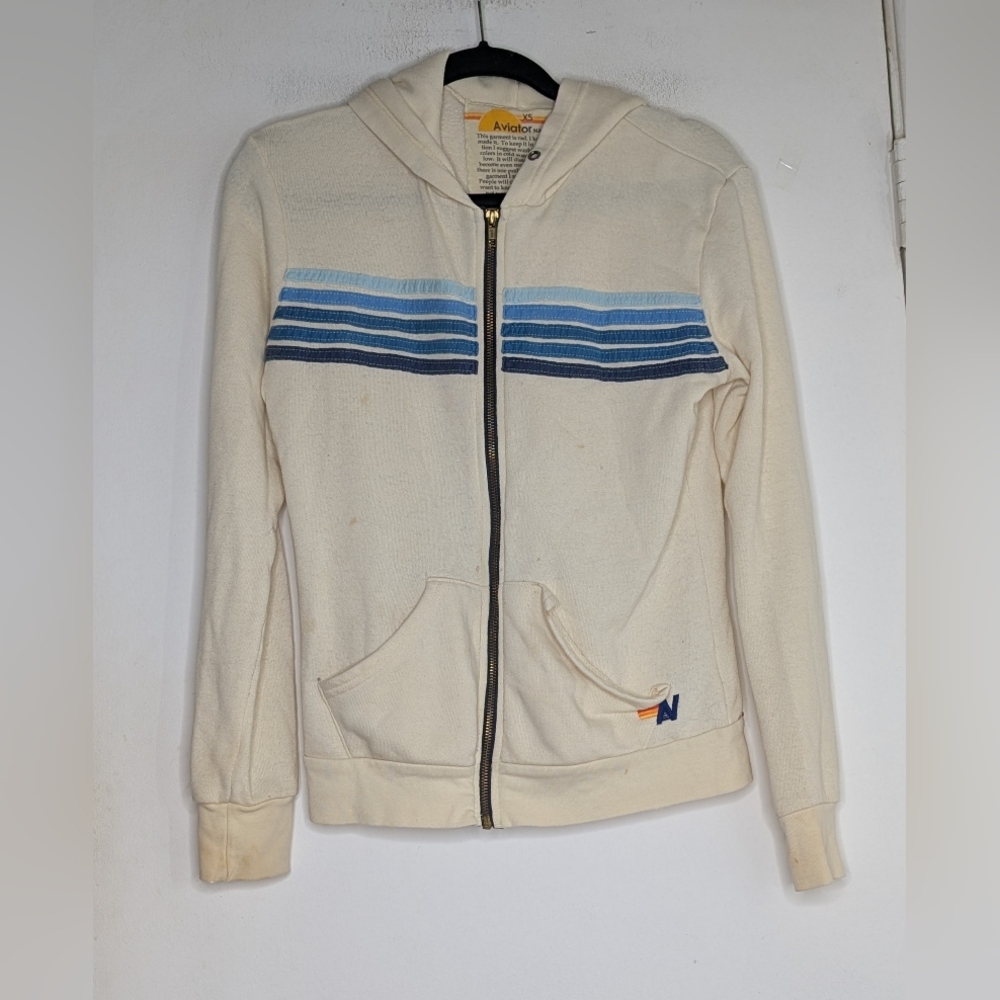 Aviator Nation 5 Stripe Hoodie in Vintage White/Blue XS